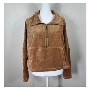 Prana Woman's Fleece Half Zip Ribbed Cropped Brown Pullover Size Large